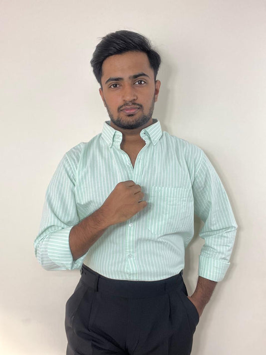 Pastel mint oxford cotton-linen shirt with white stripes | button-down collar