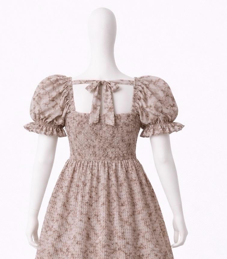 Women's Blush cream floral printed embroidery sundress with puff sleeves