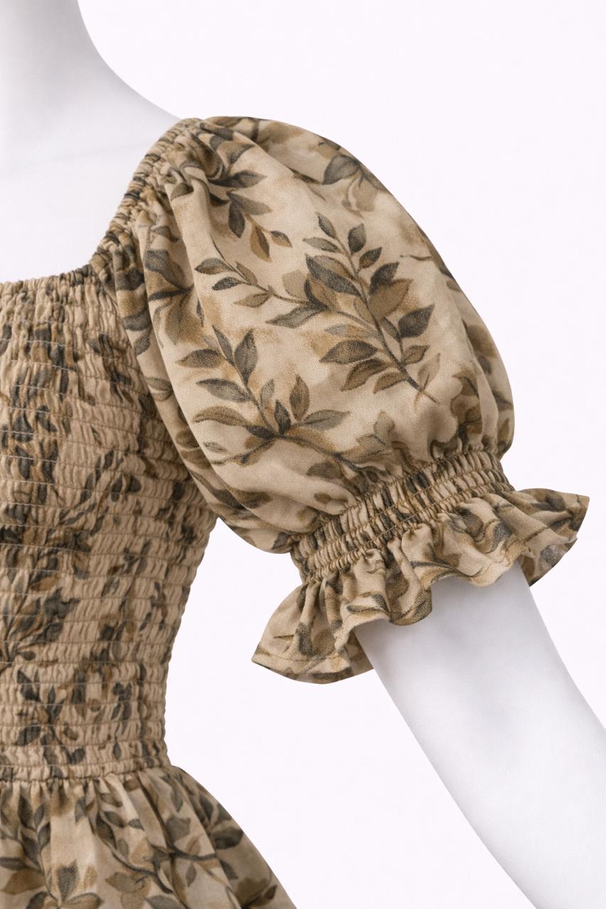 Women's vintage yellow printed sundress with puff sleeves
