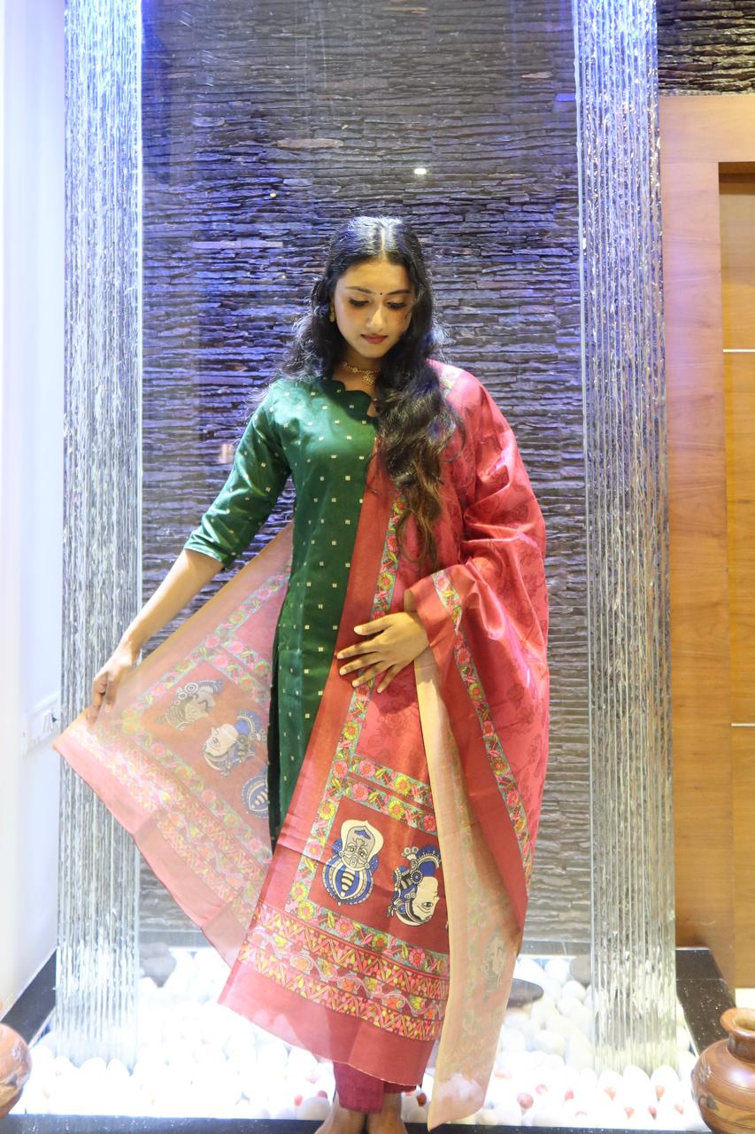Pure Raw Silk Churidar Set with Kalamkari Dupatta & Pant