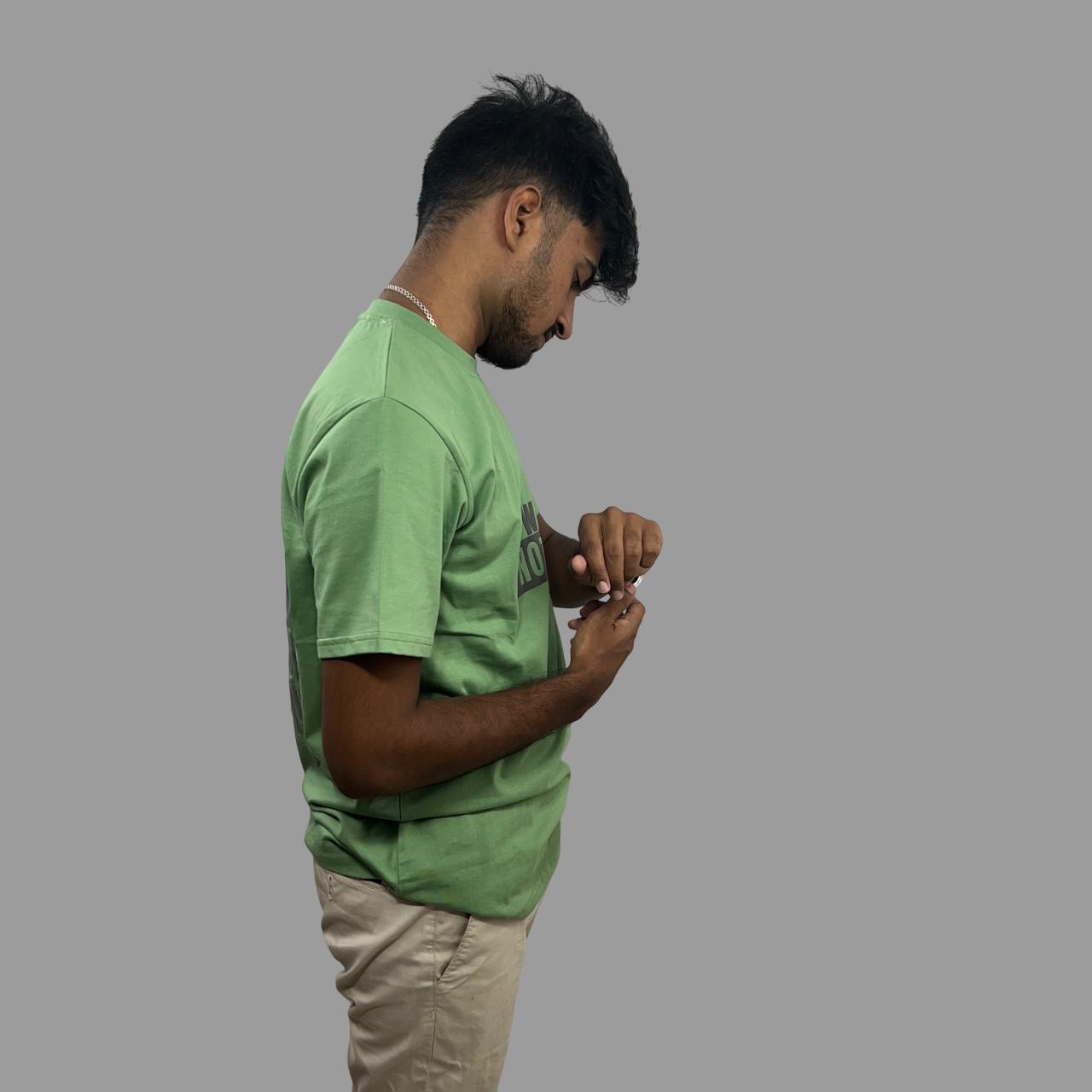 back printed olive green tshirt .