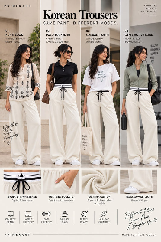 Women’s Off-white Wide-Leg Korean trousers with Striped Elastic Waistband & Drawstring