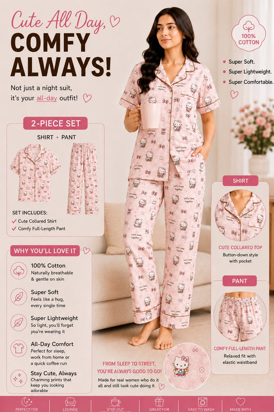 Baby Pink Hello kitty Printed Premium 2-Piece Cotton Lounge Set