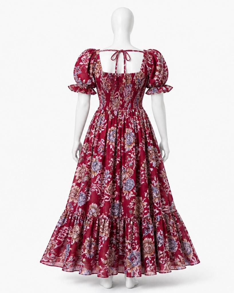 Women's red printed sundress with puff sleeves