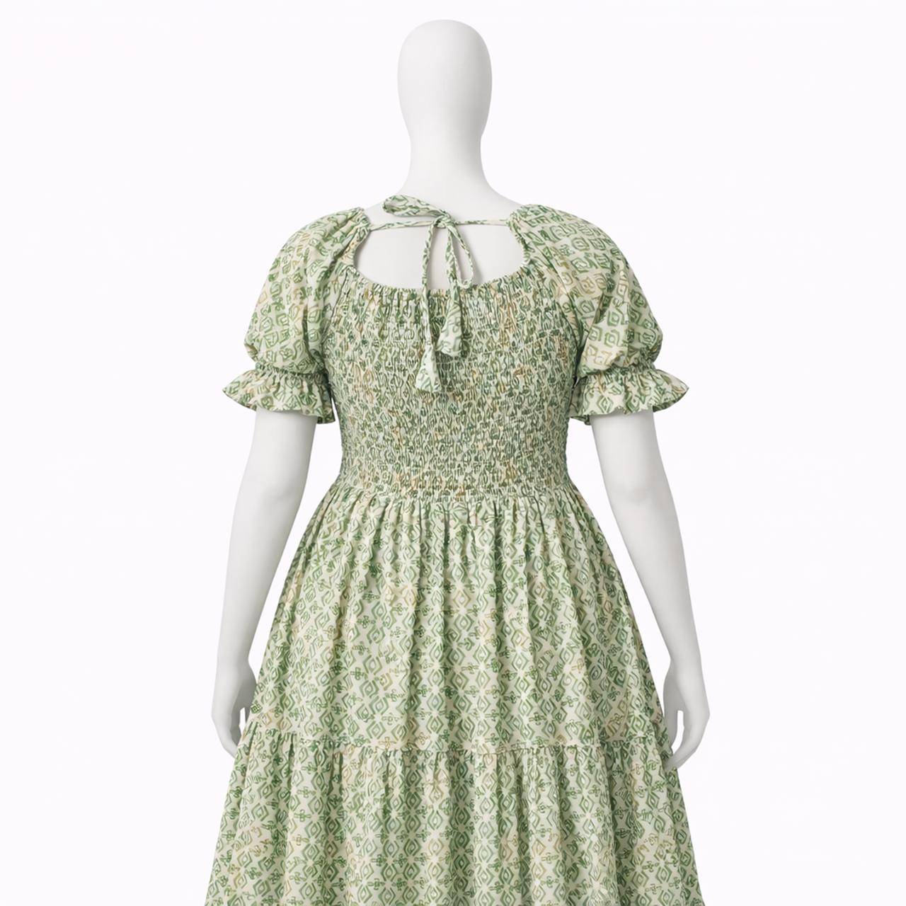 Women's green printed sundress with puff sleeves