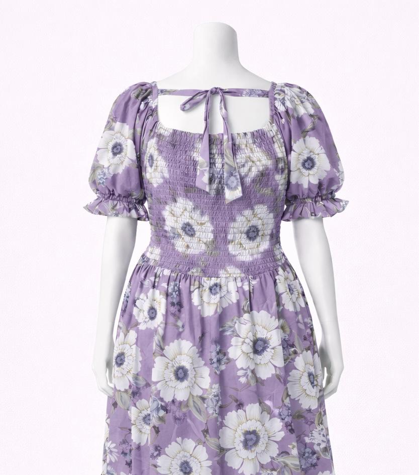 Women's mauve violet printed sundress with puff sleeves