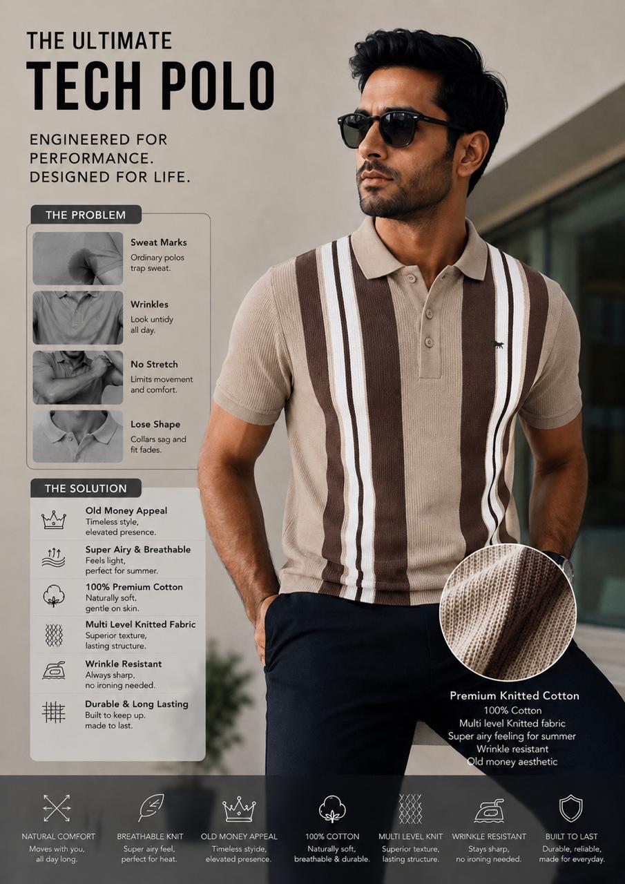 Men’s Beige & brown Knitted Cotton Polo T-Shirt | Premium Vertical Stripe Polo Tee