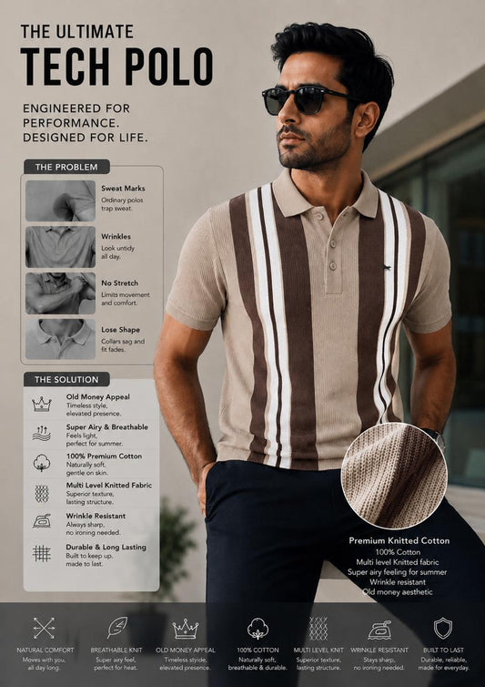 Men’s Beige & brown Knitted Cotton Polo T-Shirt | Premium Vertical Stripe Polo Tee
