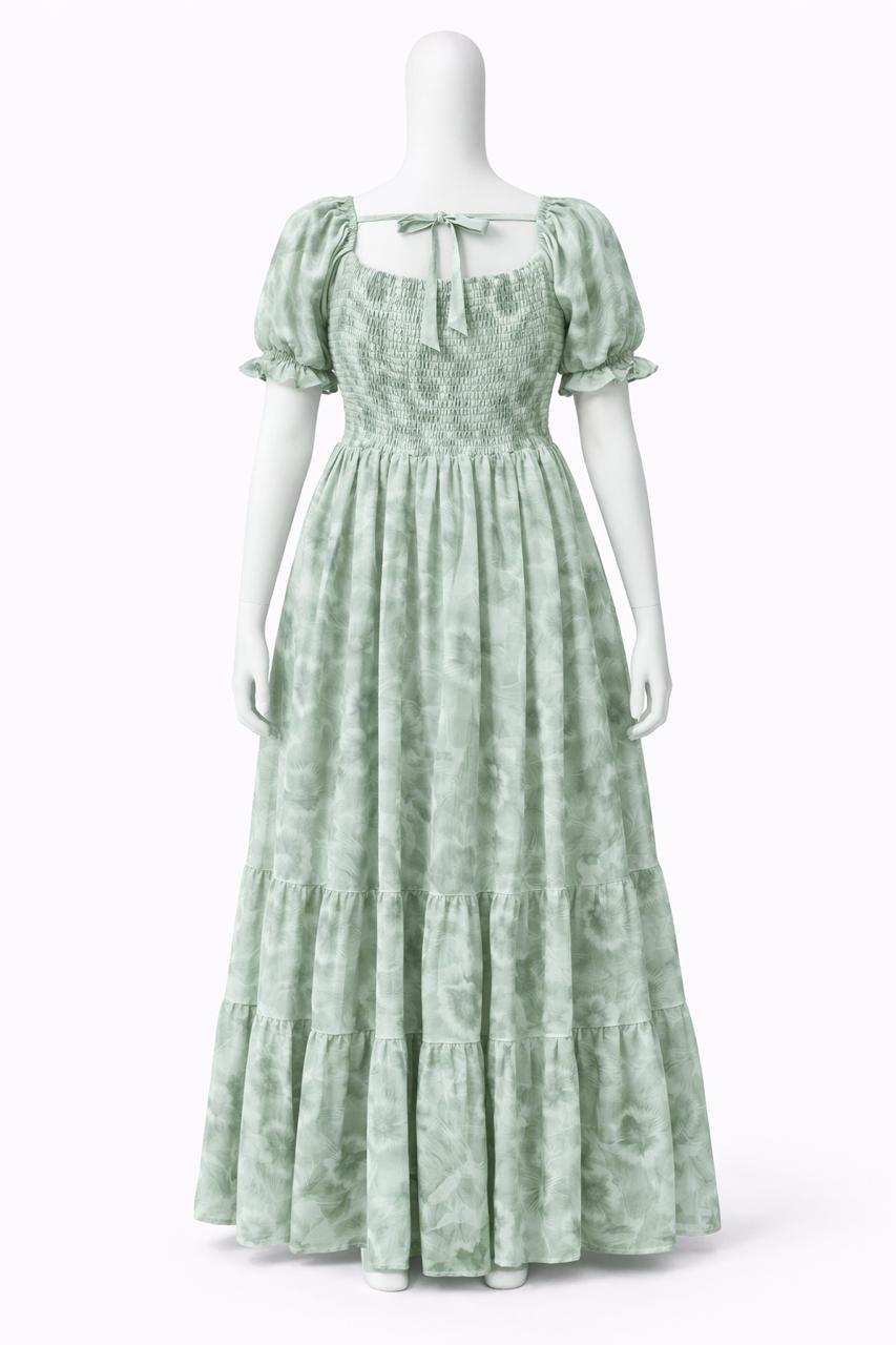 Women's Light Green printed sundress with puff sleeves