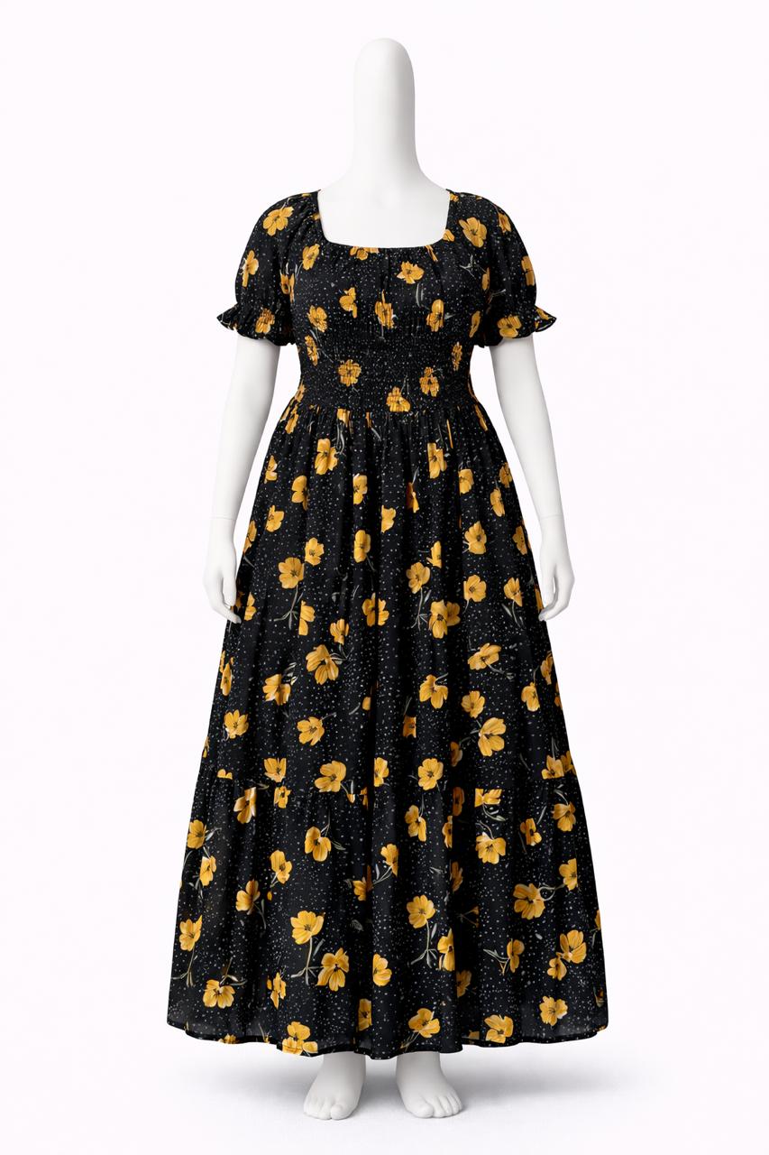 Women's Black & orange printed sundress with puff sleeves