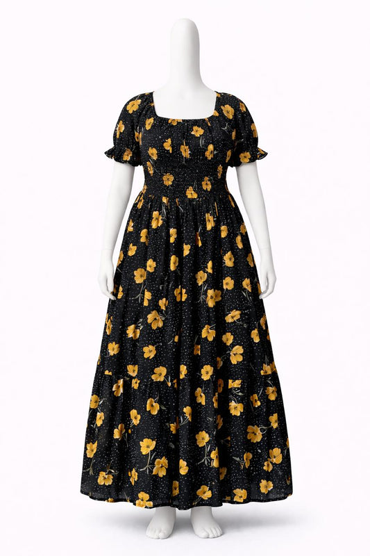 Women's Black & orange printed sundress with puff sleeves