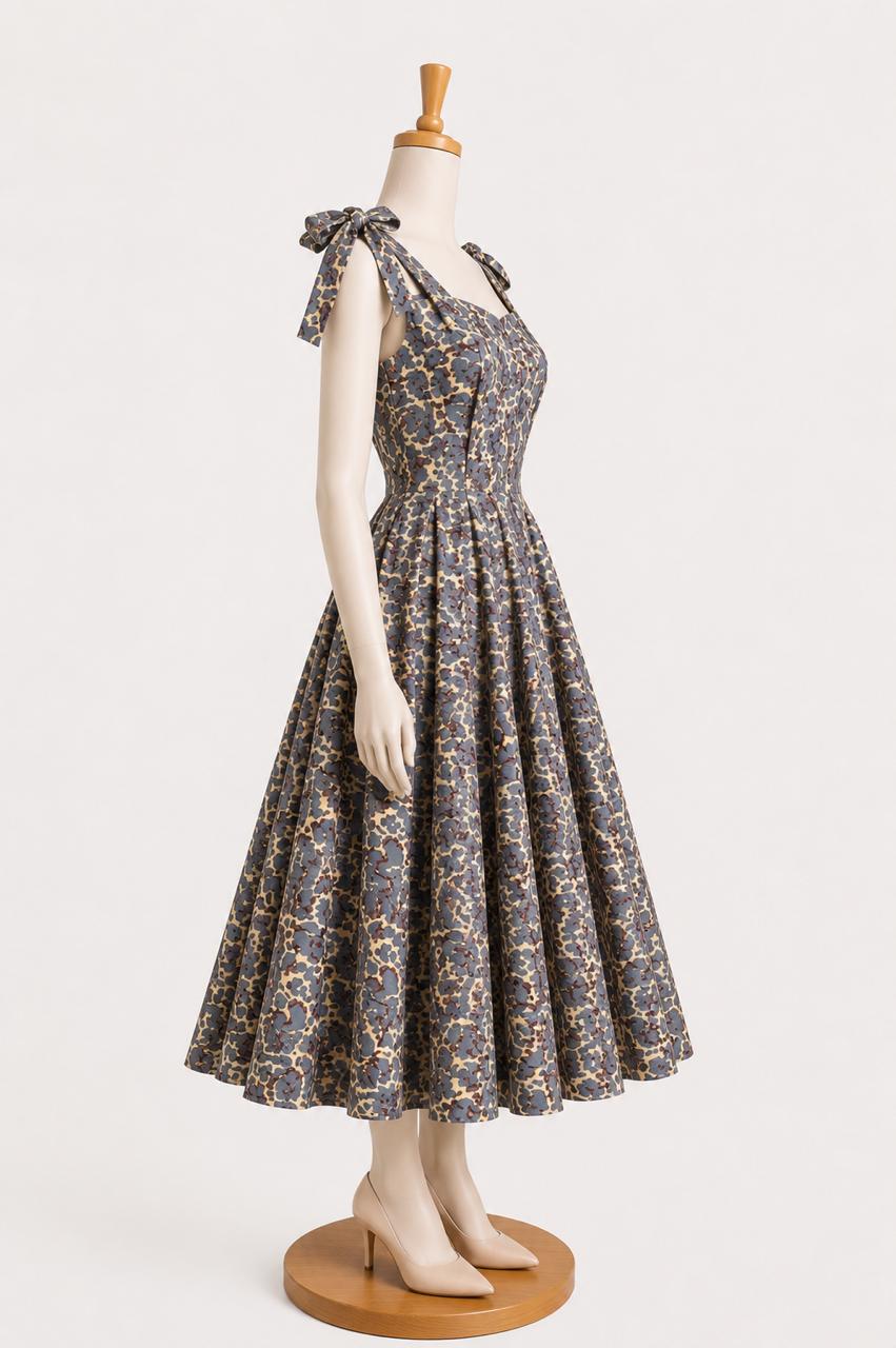 Kids & teens  Grey Abstract Print Summer Midi Dress with shoulder Tie straps & Chest Cup