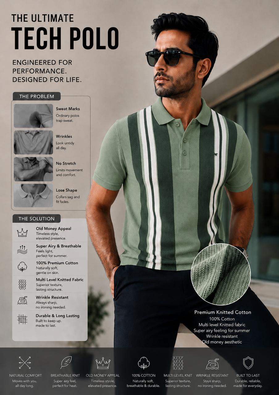 Men’s green Knitted Cotton Polo T-Shirt | Premium Vertical Stripe Polo Tee