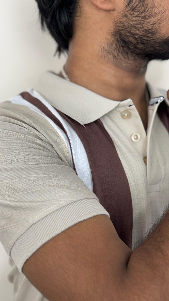 Men’s Beige & brown Knitted Cotton Polo T-Shirt | Premium Vertical Stripe Polo Tee
