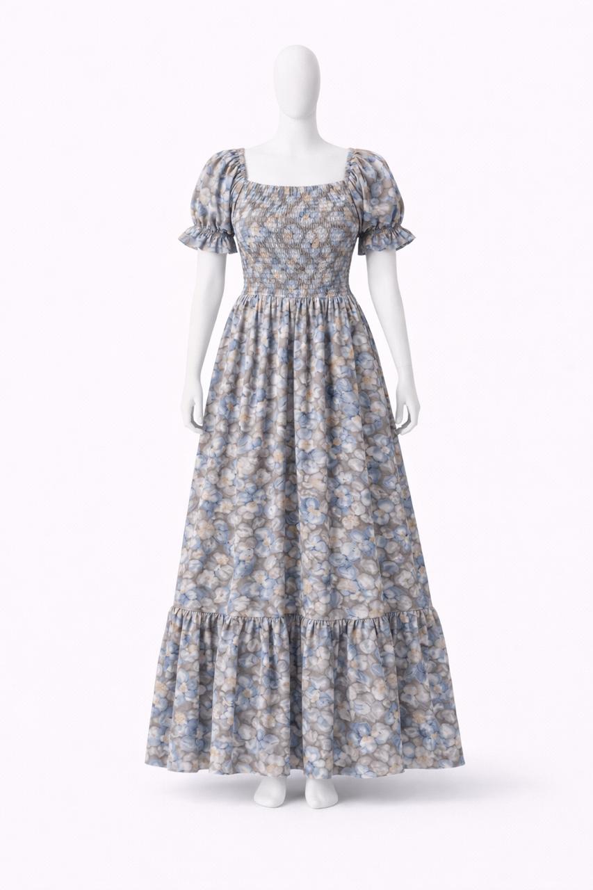 Women's brown flower printed sundress with puff sleeves