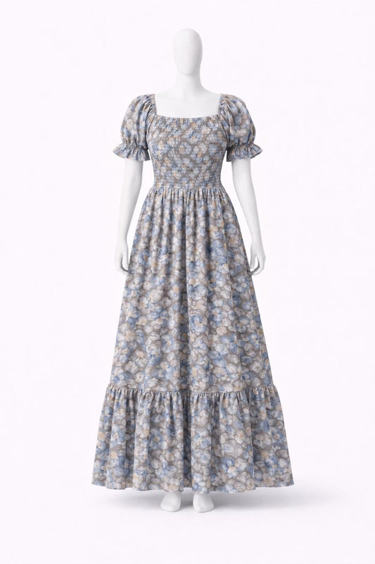 Women's brown flower printed sundress with puff sleeves