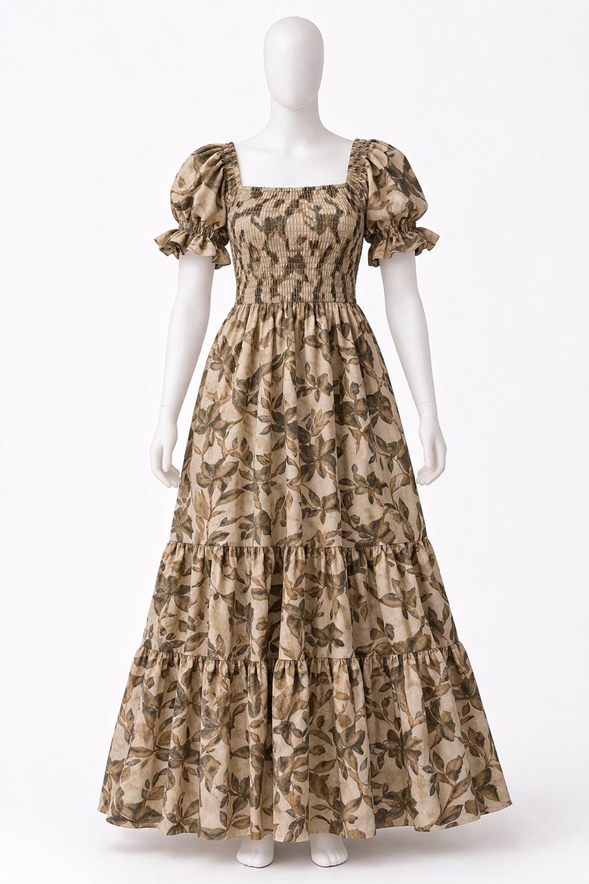 Women's vintage yellow printed sundress with puff sleeves