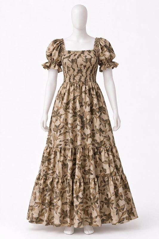 Women's vintage yellow printed sundress with puff sleeves