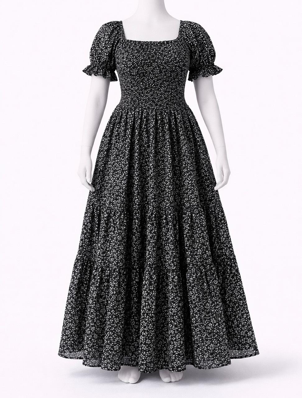 Women's Black floral printed sundress with puff sleeves