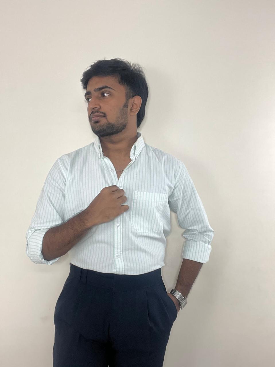 Mint striped oxford cotton-linen shirt | button-down collar