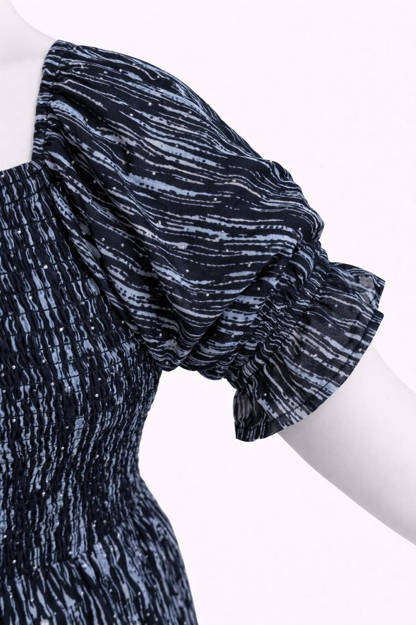 Women's black & blue marble finish printed sundress with puff sleeves