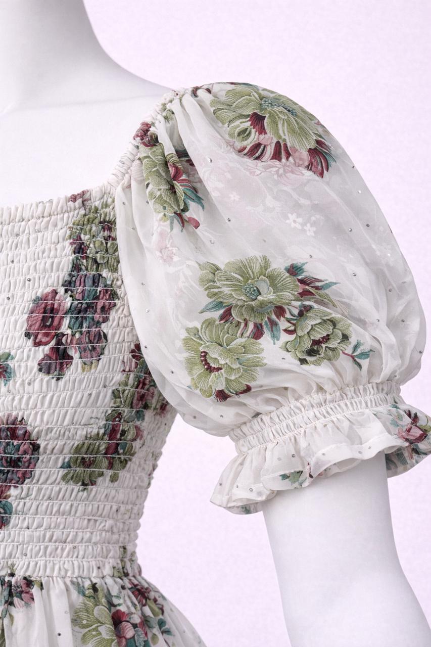 Women's white vibrant floral printed sundress with puff sleeves