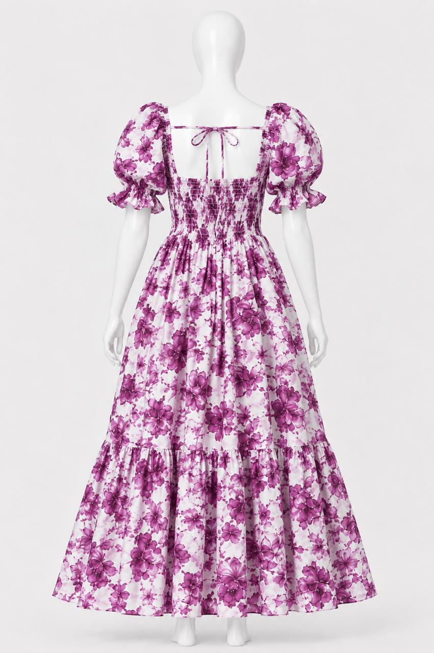 Women's white with pink floral print sundress with puff sleeves