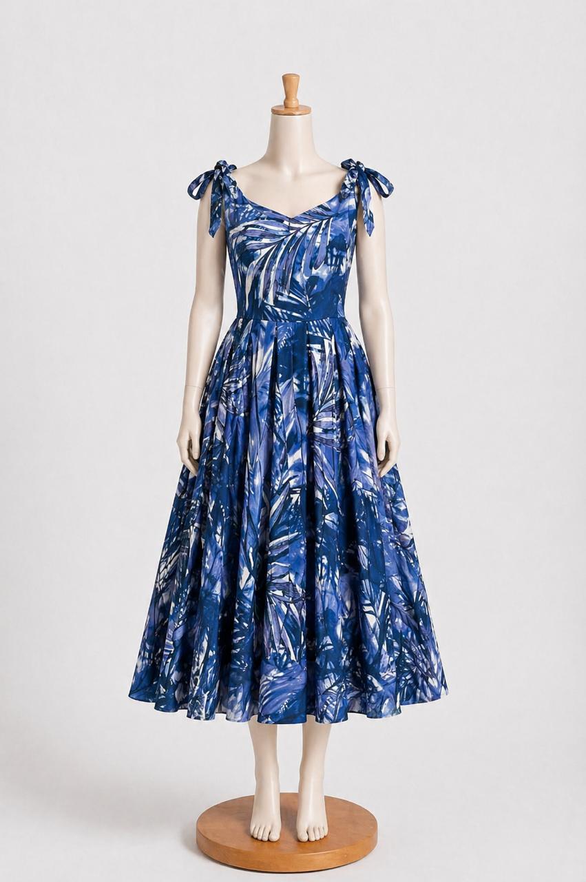 Kids & teens Blue Tropical printed  Summer Midi Dress with shoulder Tie straps & Chest Cup