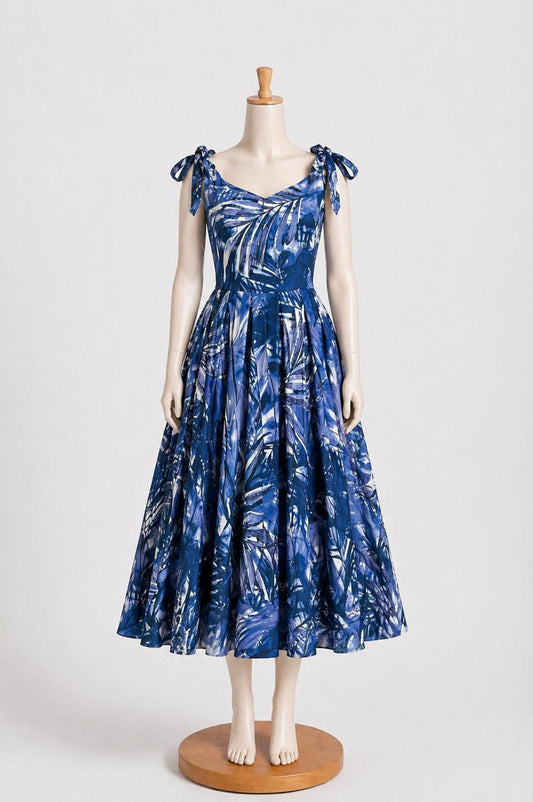 Kids & teens Blue Tropical printed  Summer Midi Dress with shoulder Tie straps & Chest Cup