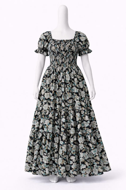 Women's Black and aqua green floral printed sundress with puff sleeves
