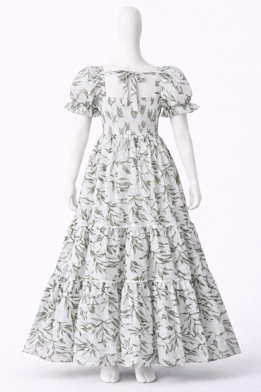 Women's green leaf printed sundress with puff sleeves