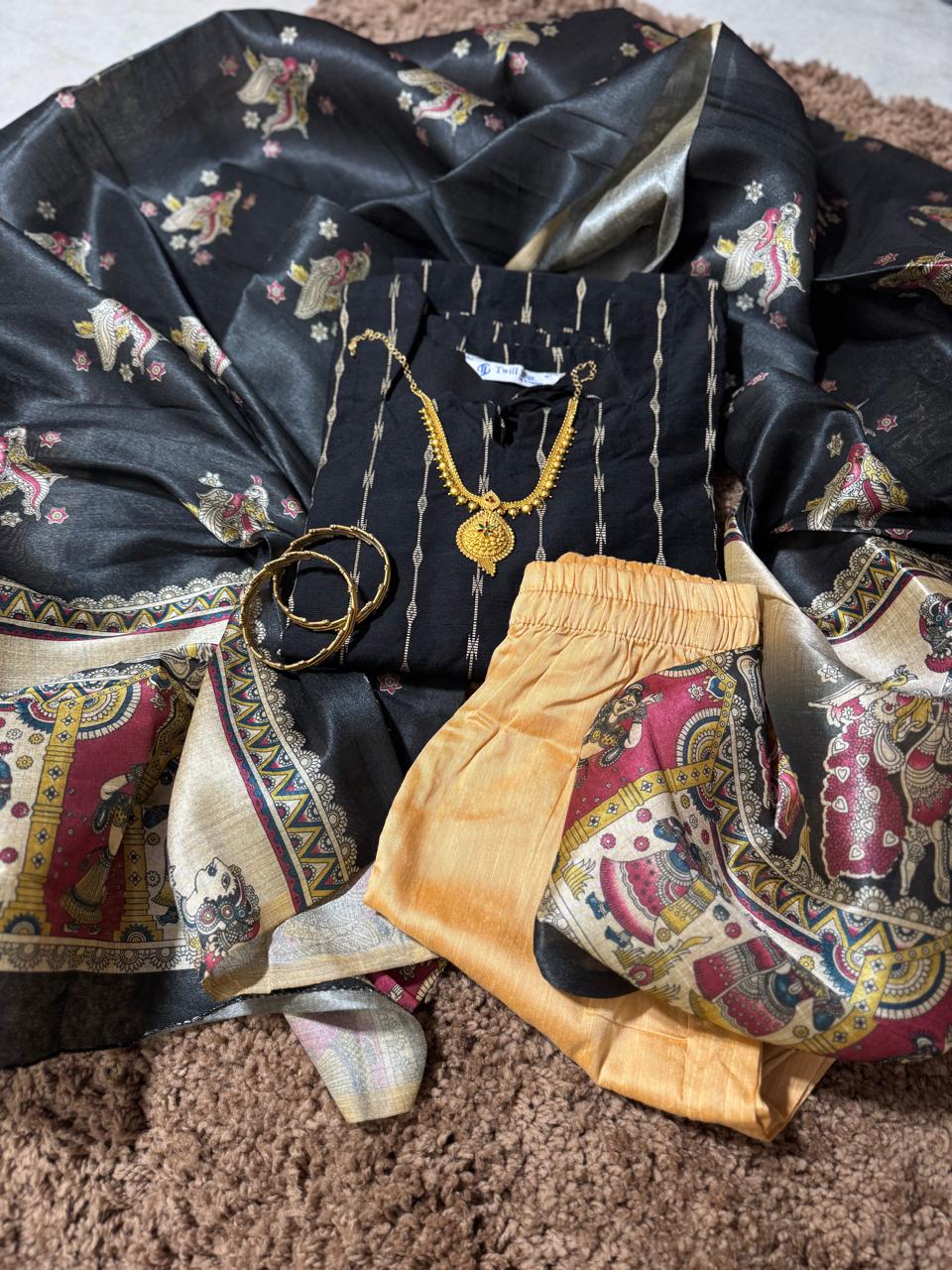 Pure Raw Silk Churidar Set with Kalamkari Dupatta & Pant