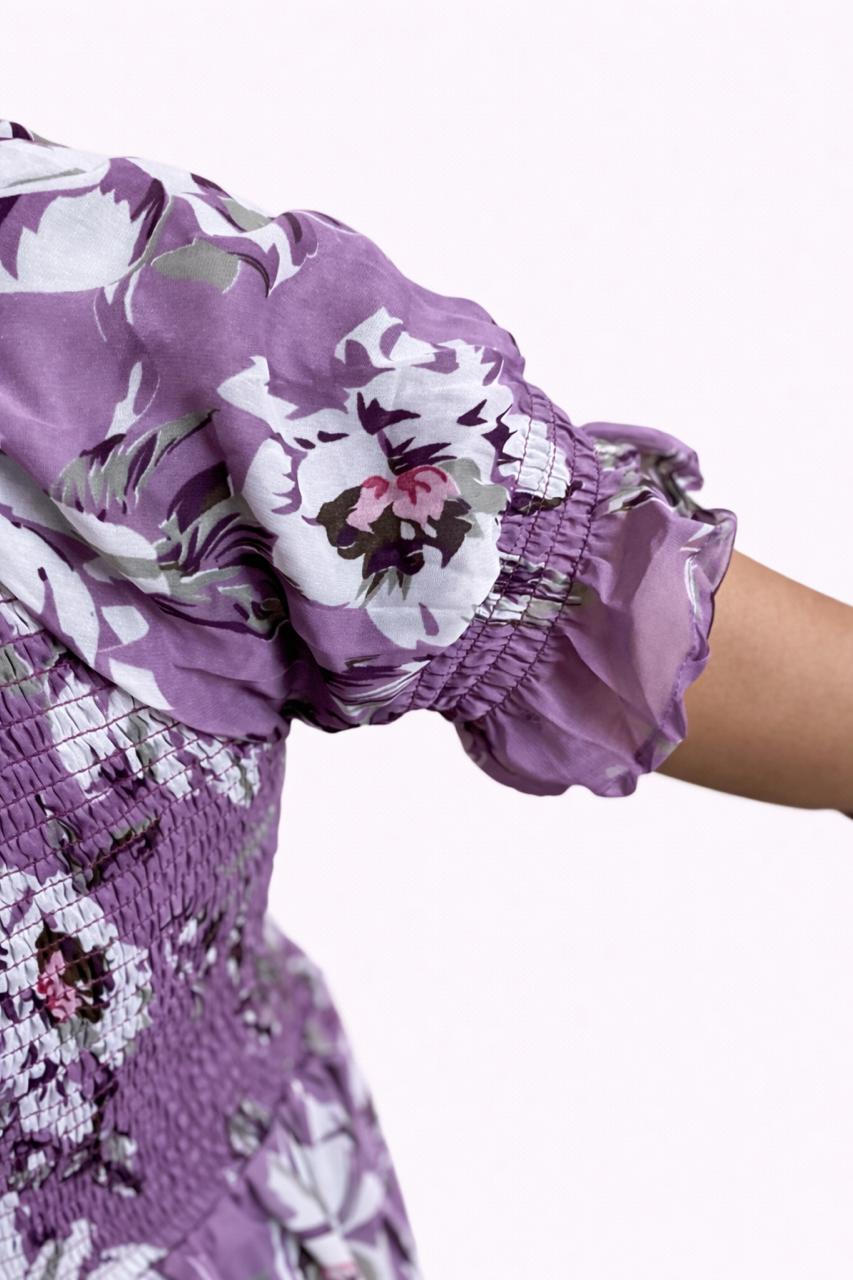 Women's violet floral printed sundress with puff sleeves