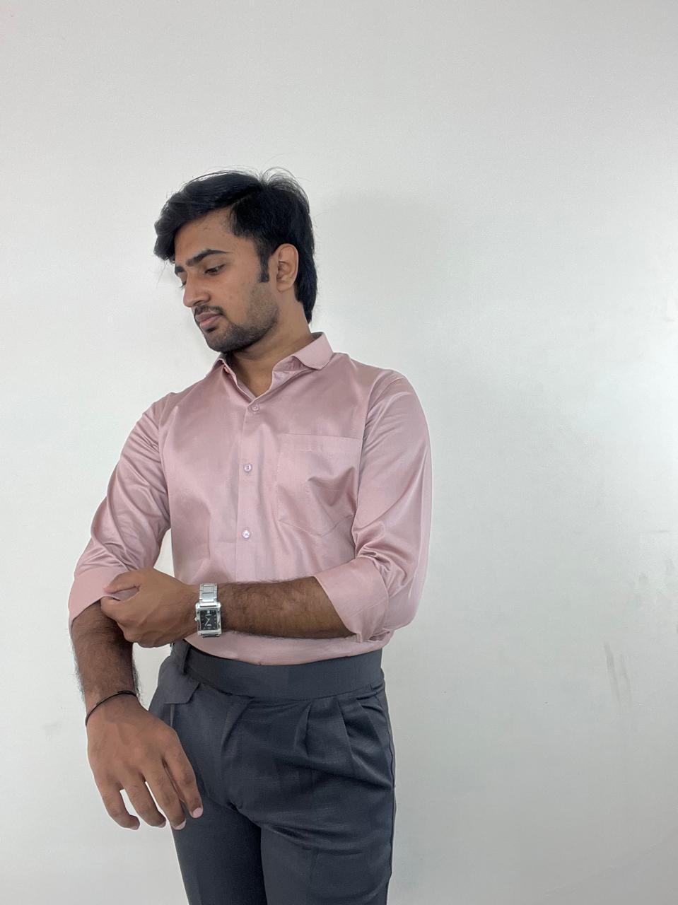 Blush pink fluid shirt & grey linen Gurkha pants set