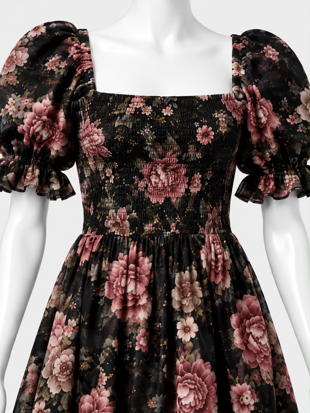 Women's Black floral printed sundress with puff sleeves