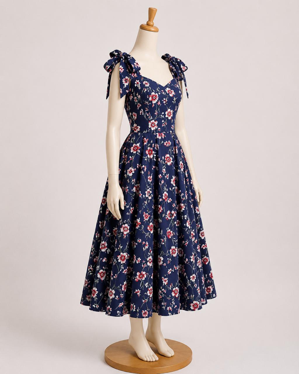 Kids & teens Navy Blue Floral printed Sholder Midi Dress with shoulder tie straps and Chest cup