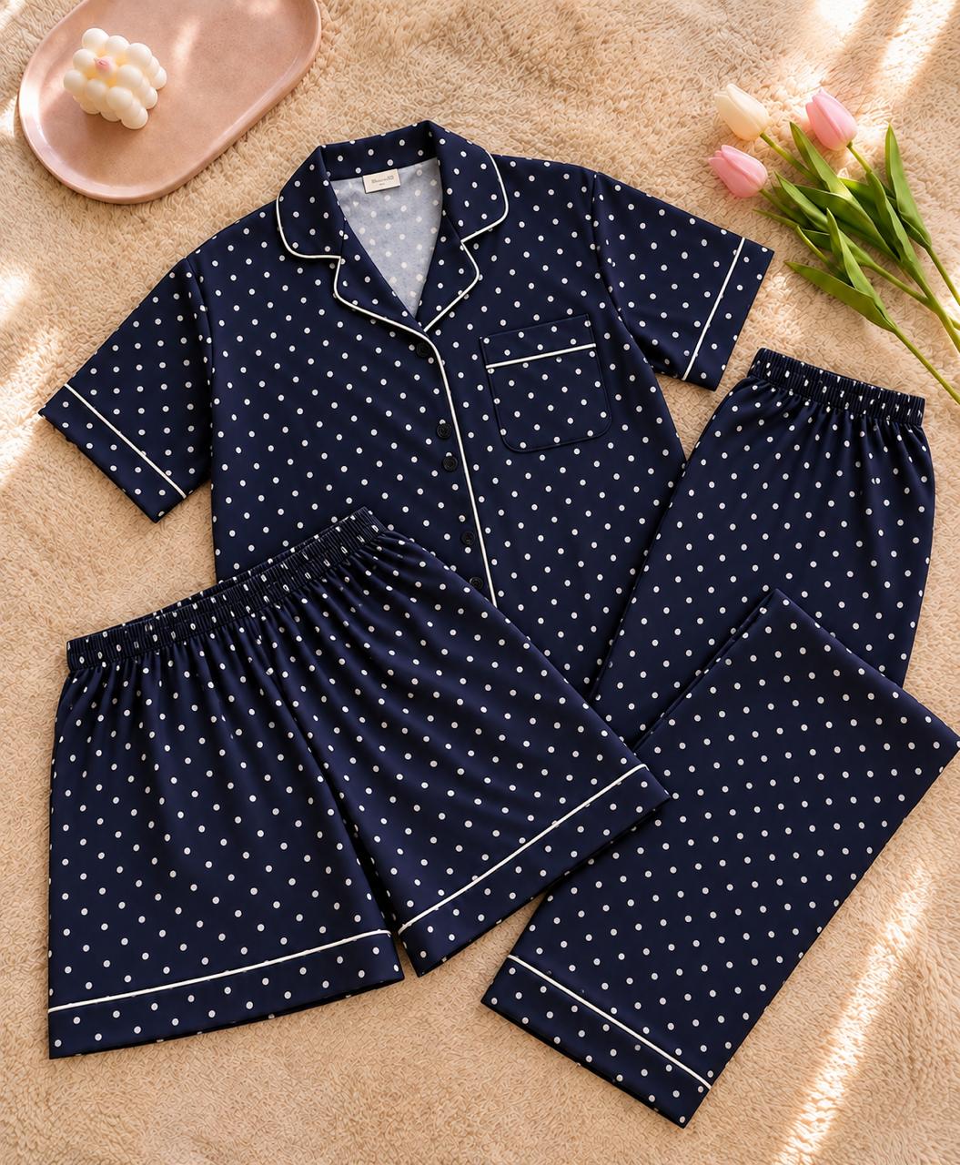 Women's Polka dot Printed Premium 3-Piece Cotton Lounge Set