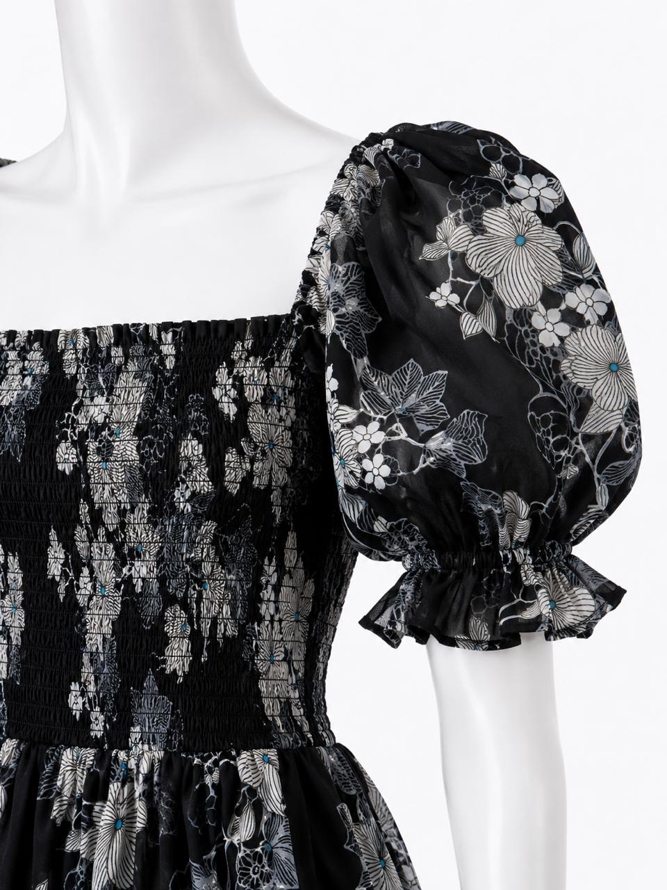 Women's Black floral printed sundress with puff sleeves