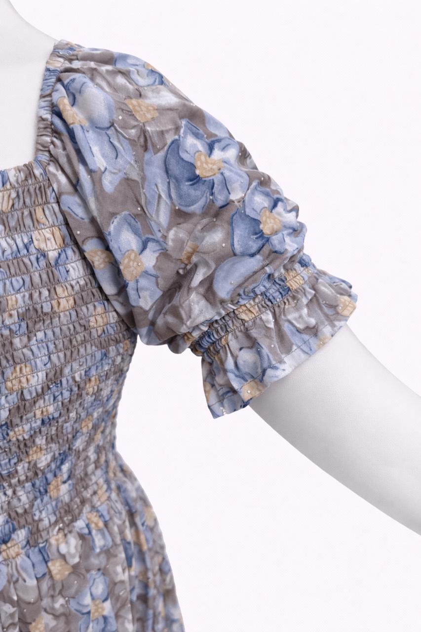Women's brown flower printed sundress with puff sleeves