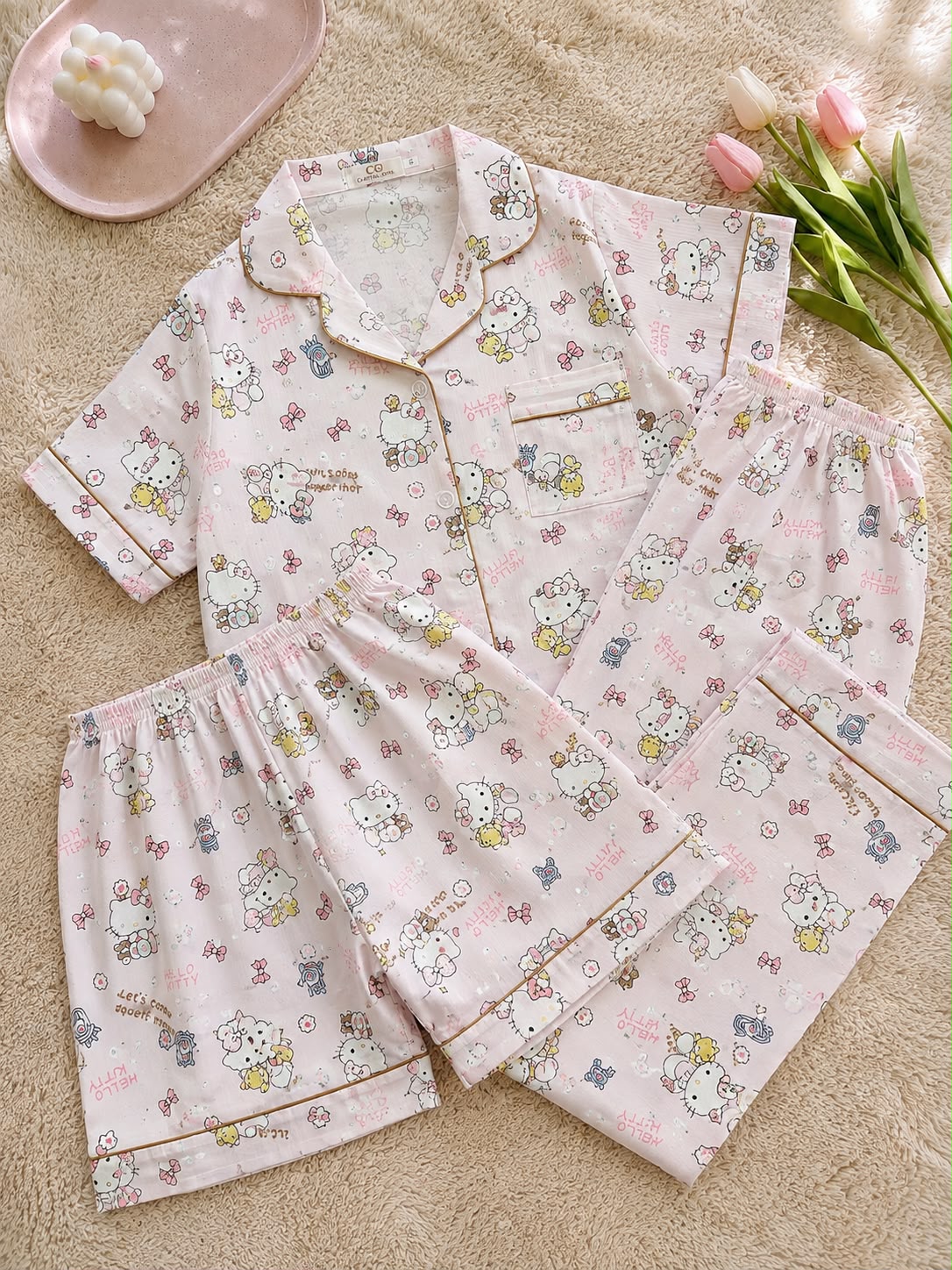 Baby pink Hello kitty Printed Premium 3-Piece Cotton Lounge Set