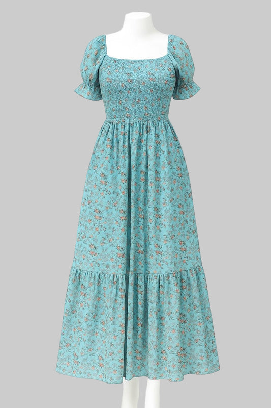 Women's Matt Blue flower printed sundress with puff sleeves