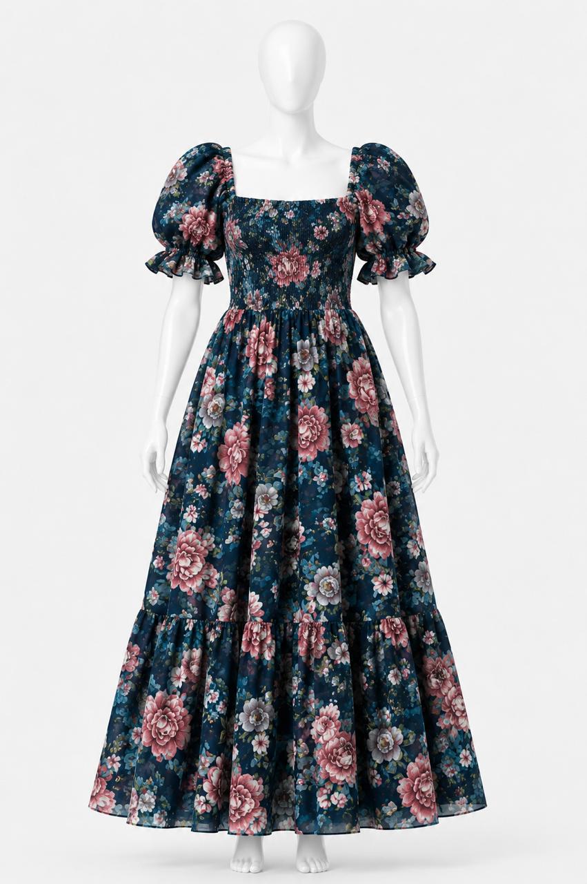 Women's sundress navy blue floral print with puff sleeves