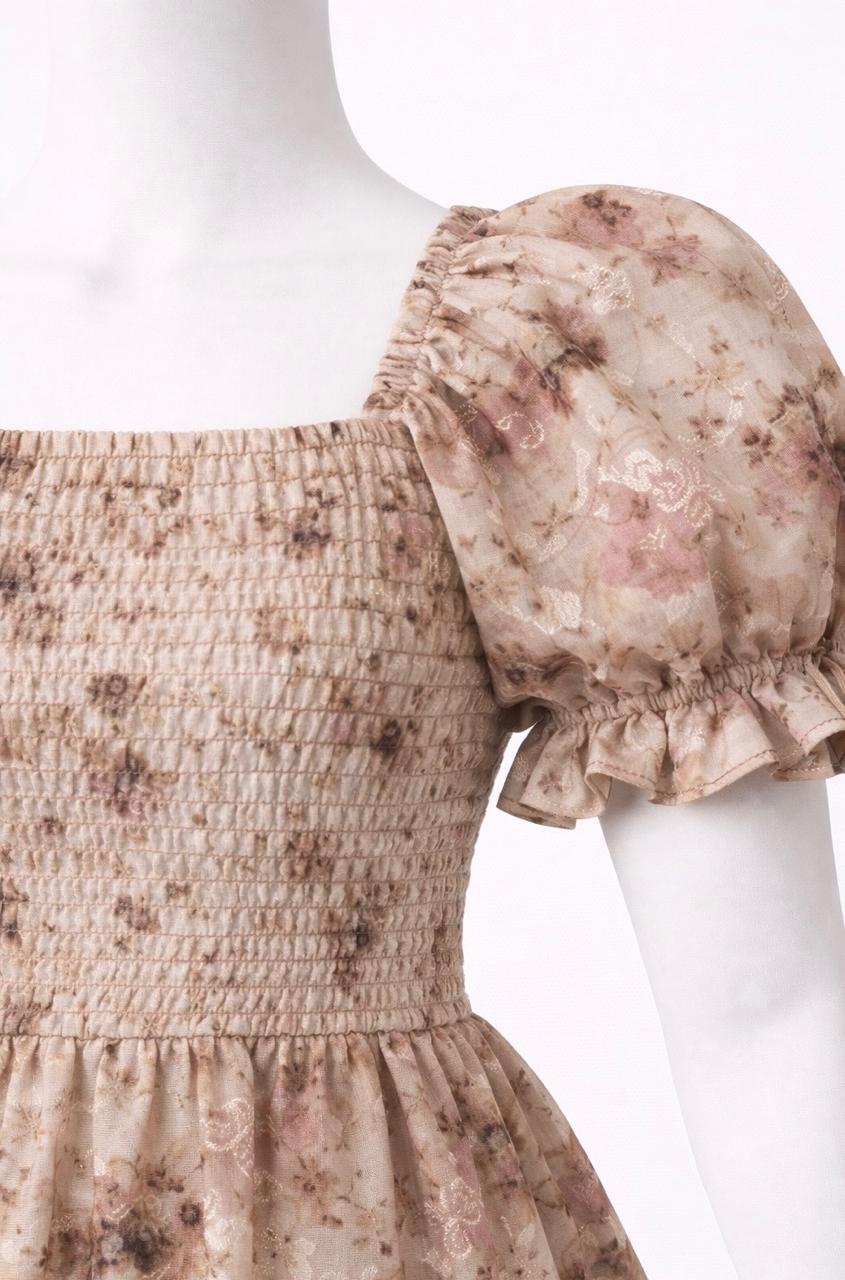 Women's Beige & pink printed sundress with puff sleeves