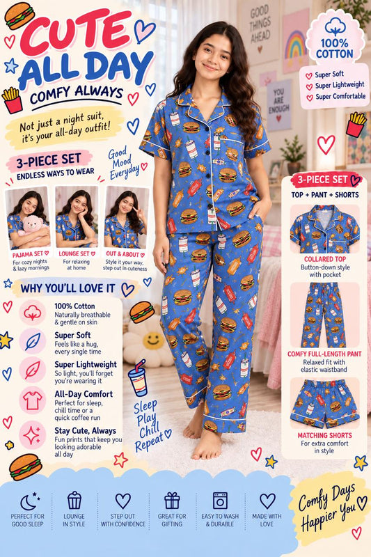 Kid's burger Printed Premium 3-Piece Cotton Lounge Set