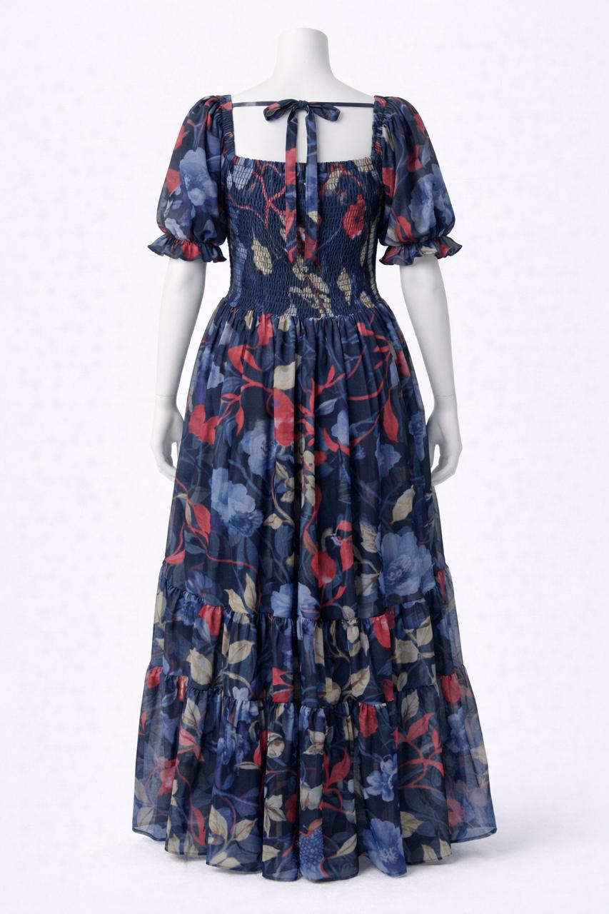 Women's navy blue floral printed sundress with puff sleeve