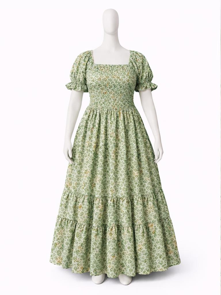Women's green printed sundress with puff sleeves