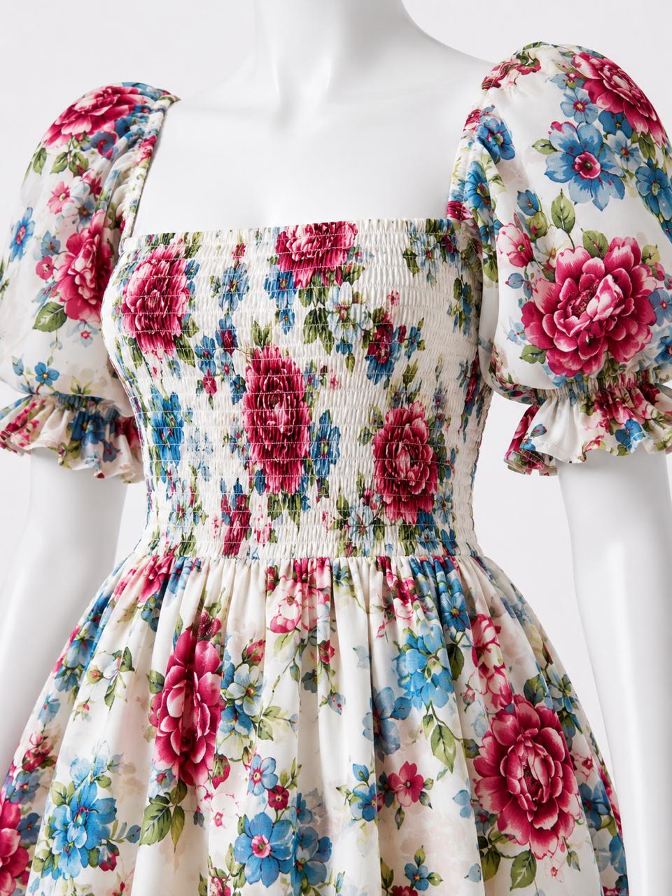 Women's sundress white floral printed with puff sleeves