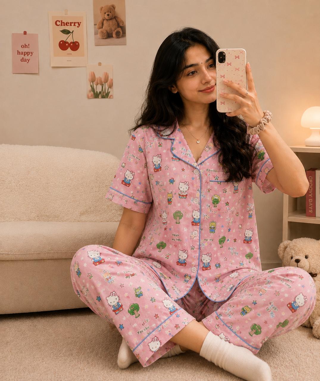 Pink Hello kitty Printed Premium 2-Piece Cotton Lounge Set