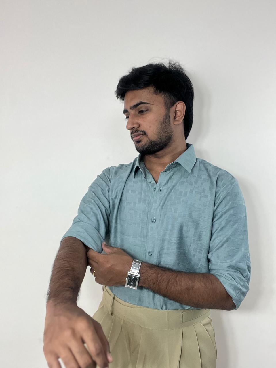 Sage teal textured premium self design shirt