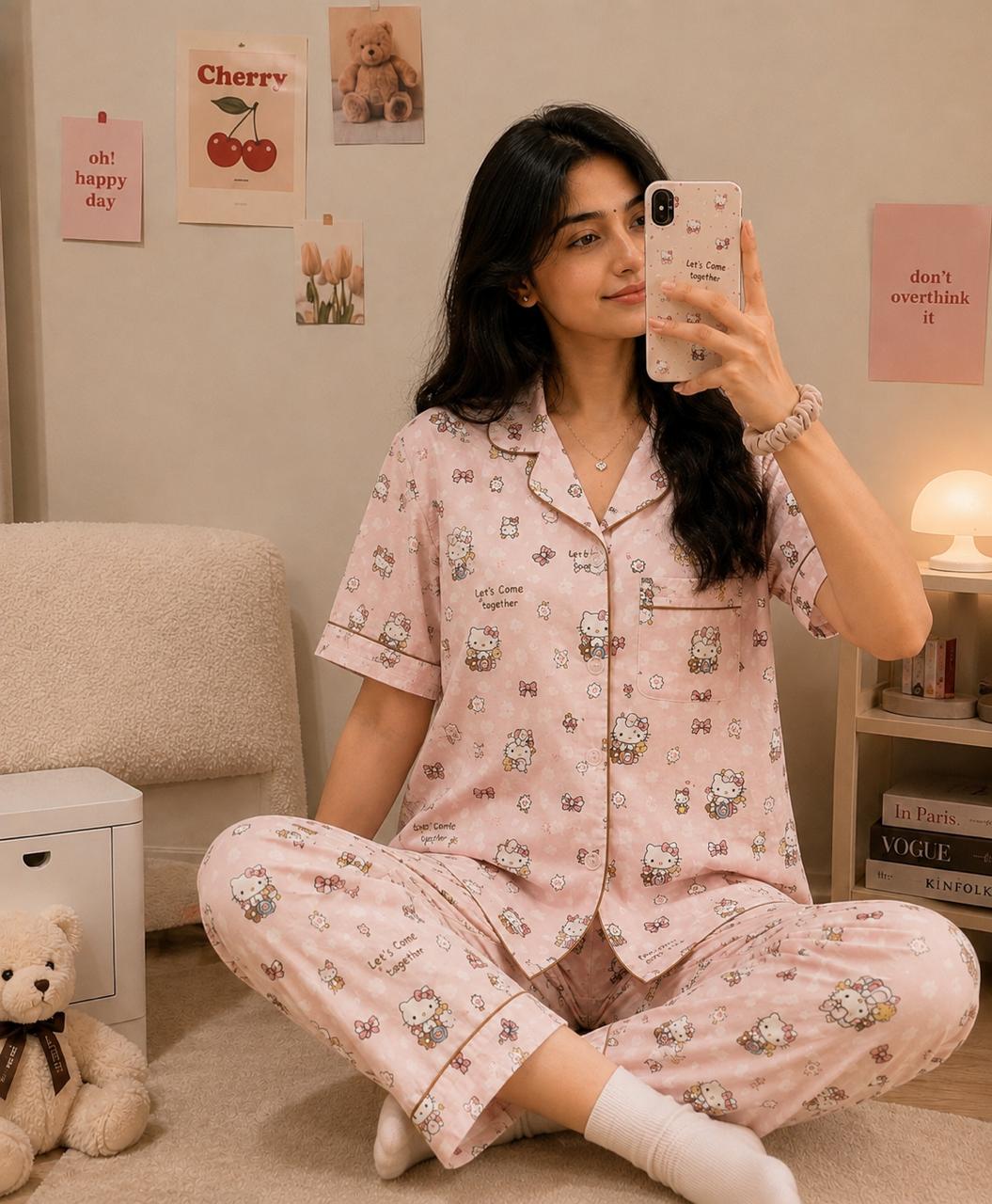 Baby Pink Hello kitty Printed Premium 2-Piece Cotton Lounge Set